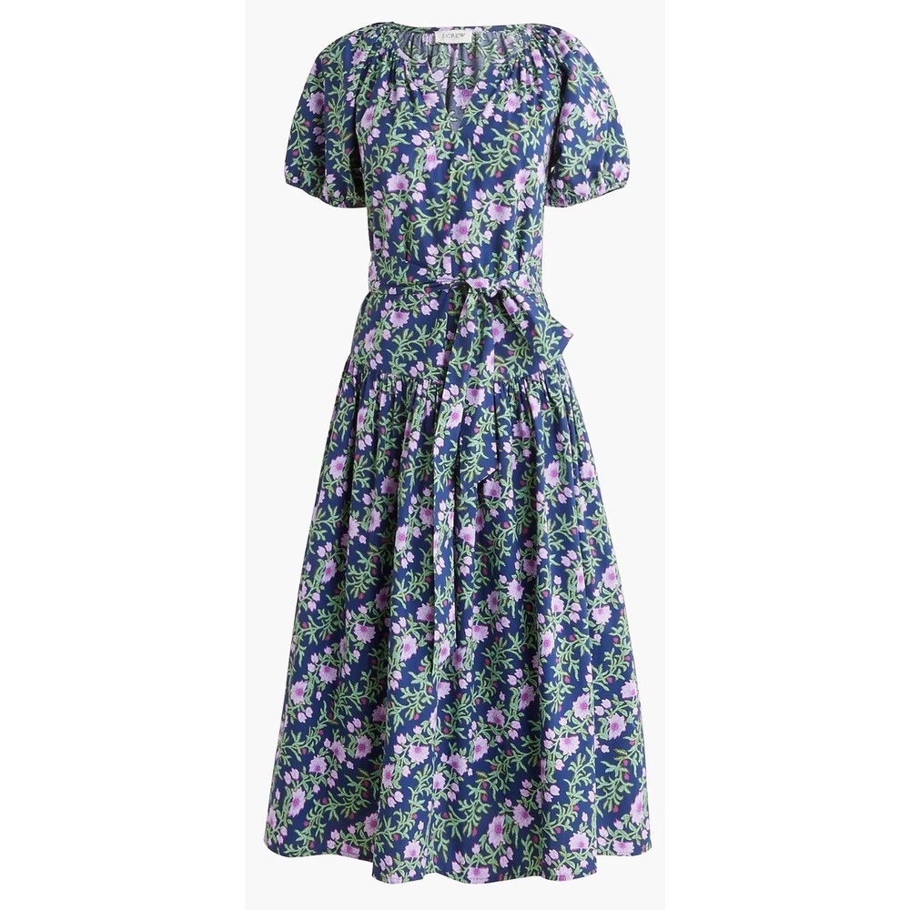 J. Crew Puff Sleeve drop waist belted Floral midi Kentucky derby dress14 NWT - Picture 2 of 8